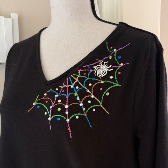 Quacker Factory Tops - Quacker Factory Halloween Spider Web Top Black Embellished L Rhinestone Bling